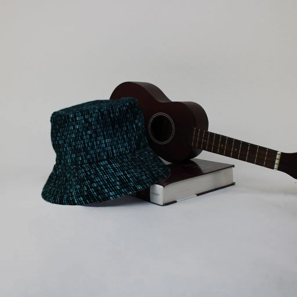 Binary Computer 1s and 0s Teal Black Bucket Hat