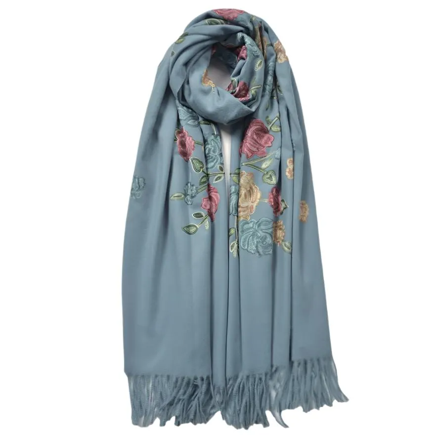 Turquoise Cashmere Blend Embroidered Peony Flower Scarf - Luxurious and Elegant Accessory