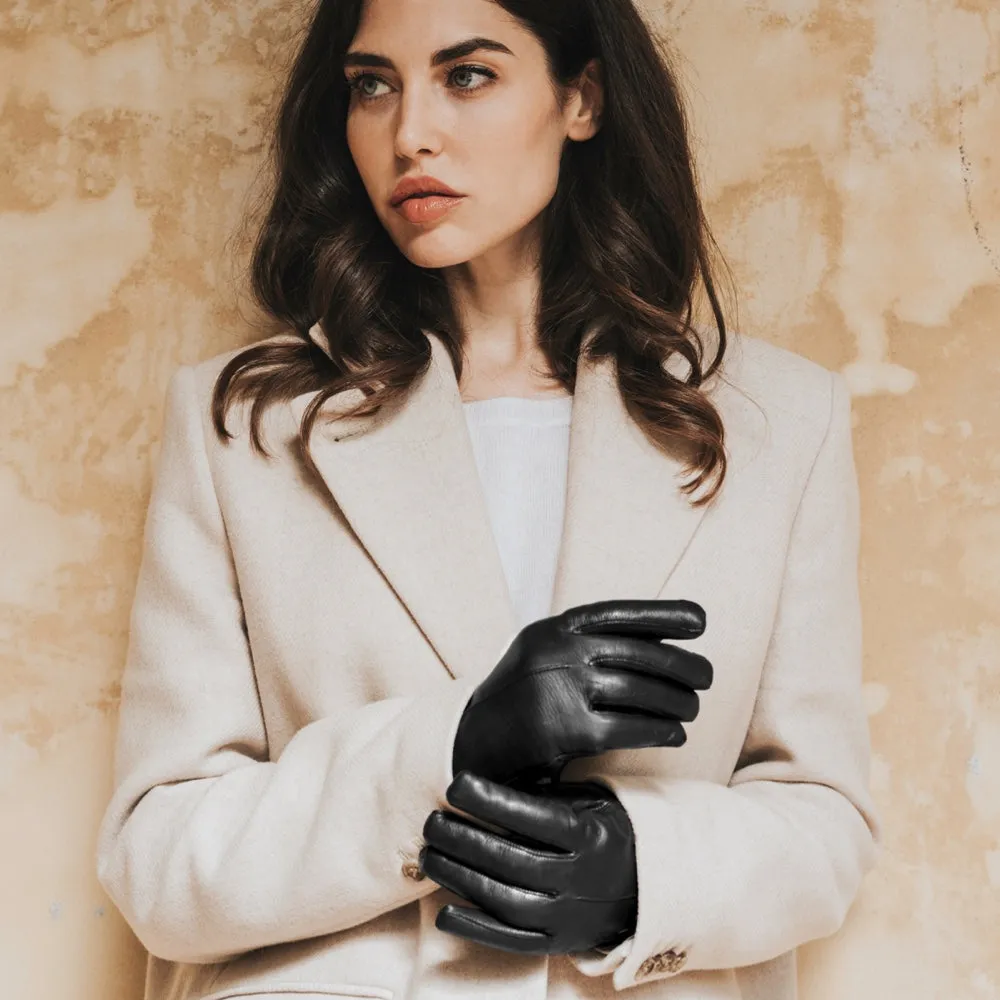 Francesca (black) - Italian lambskin leather gloves with brown fur lining