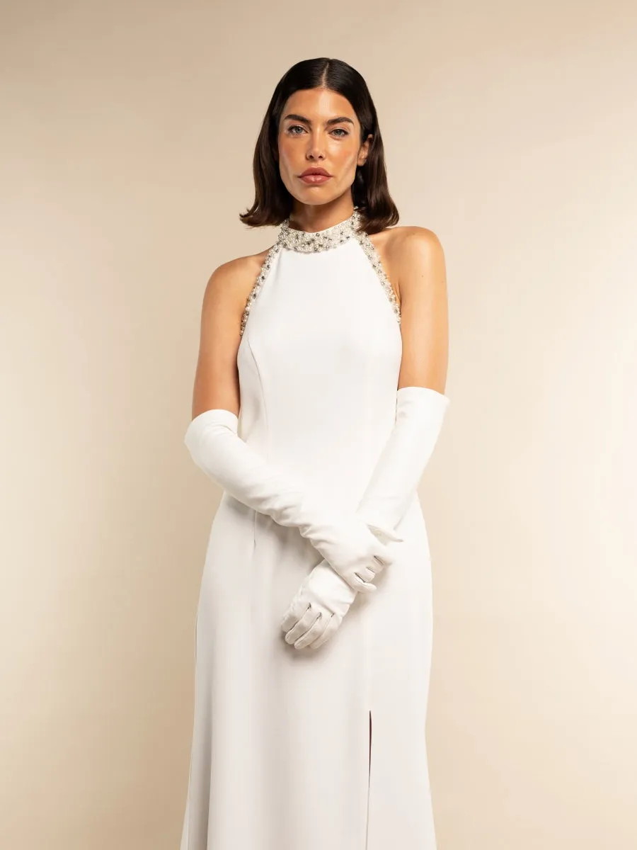 Gabriella (white) - Italian unlined 12-button length leather bridal / opera gloves