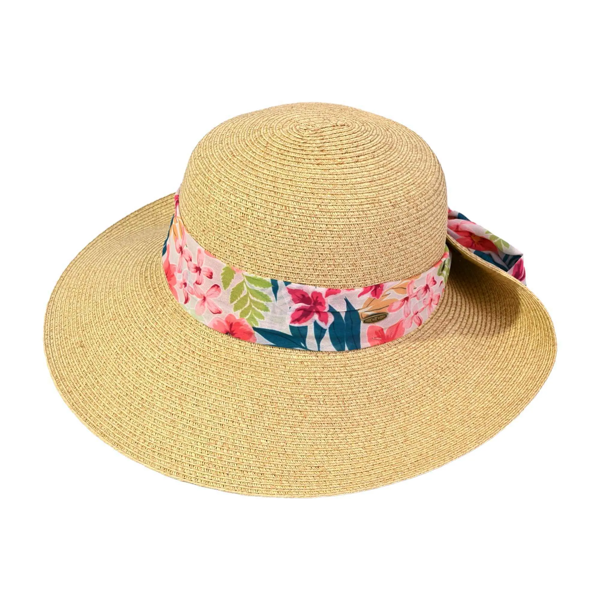 STH14 Tropical Print Ribbon Band Rolled Sun Hat