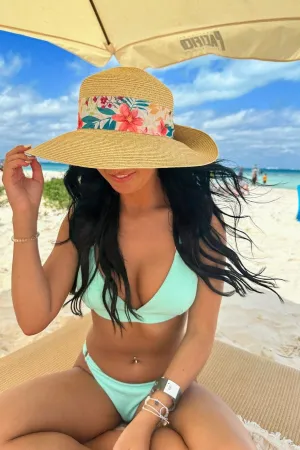 STH14 Tropical Print Ribbon Band Rolled Sun Hat
