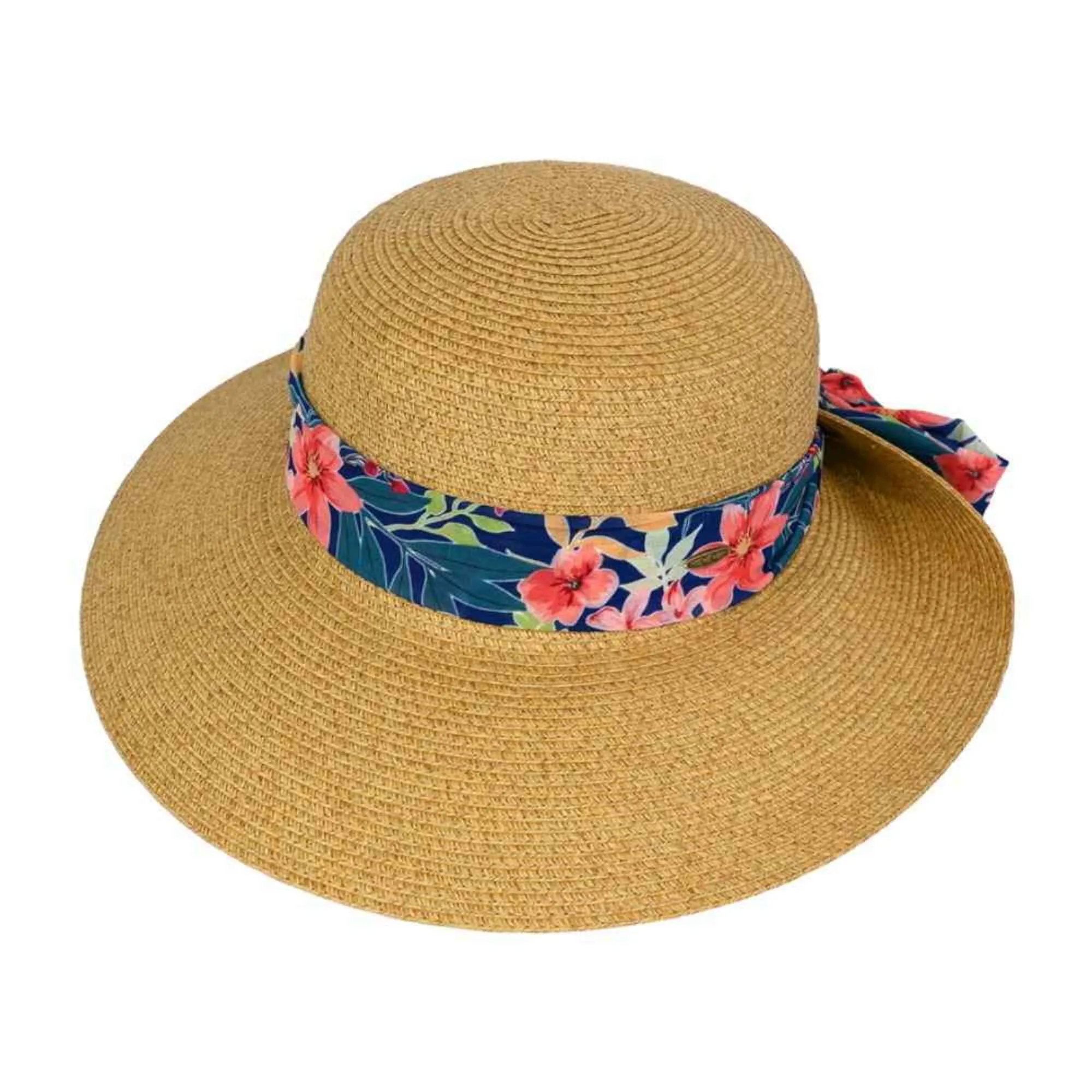 STH14 Tropical Print Ribbon Band Rolled Sun Hat