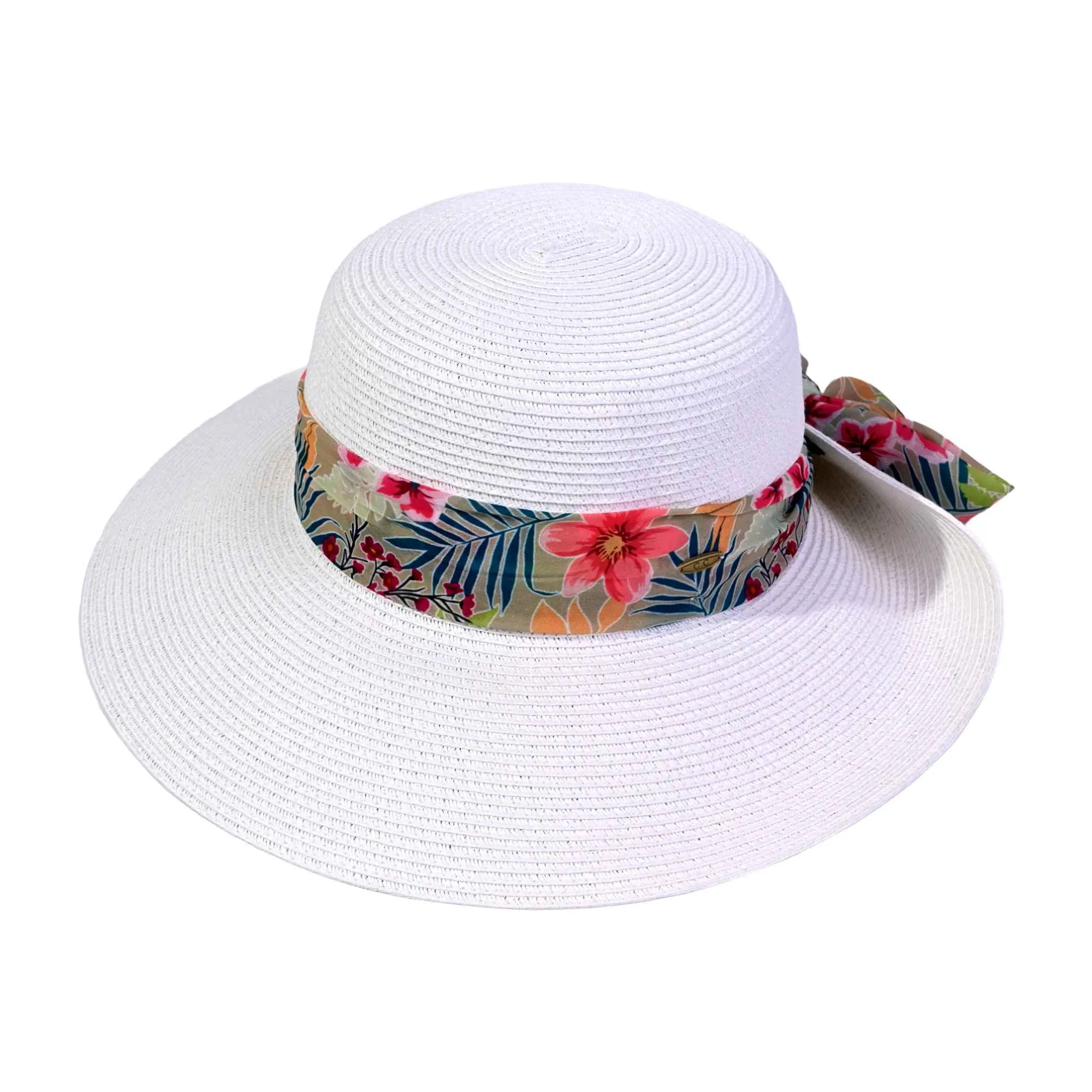 STH14 Tropical Print Ribbon Band Rolled Sun Hat
