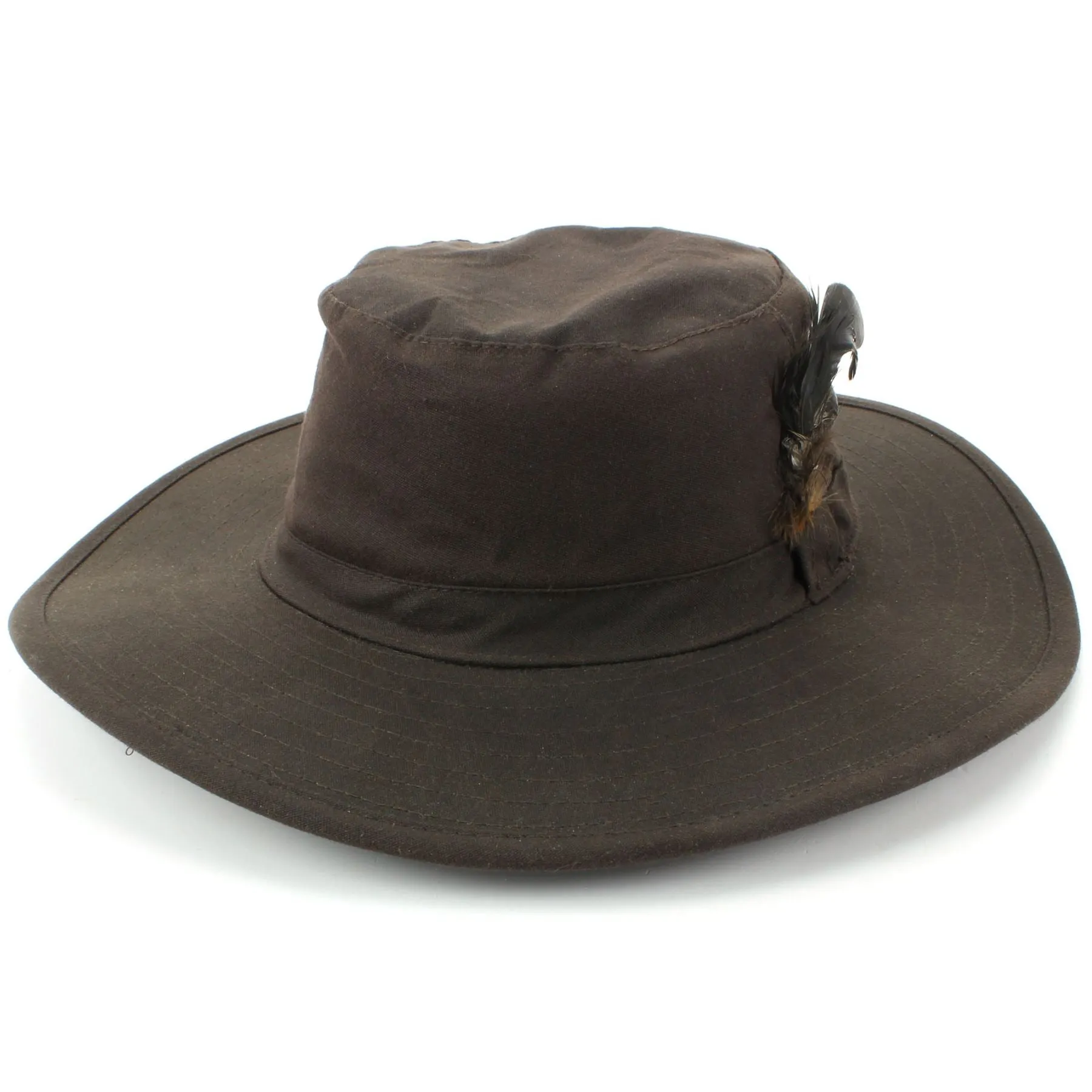 Wide Brim Outback Style Wax Cotton Bush Hat with Feather - Brown