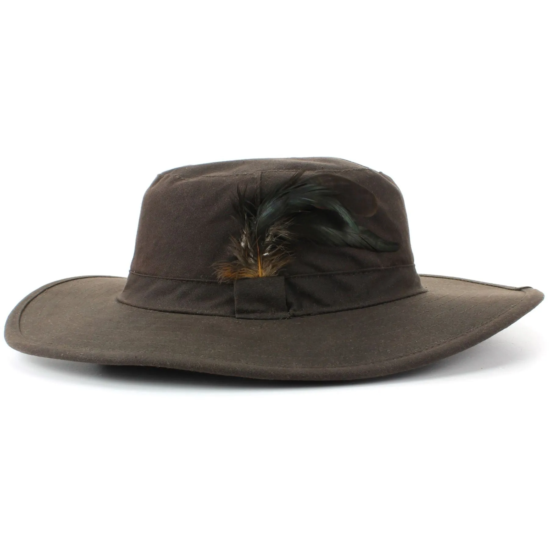 Wide Brim Outback Style Wax Cotton Bush Hat with Feather - Brown