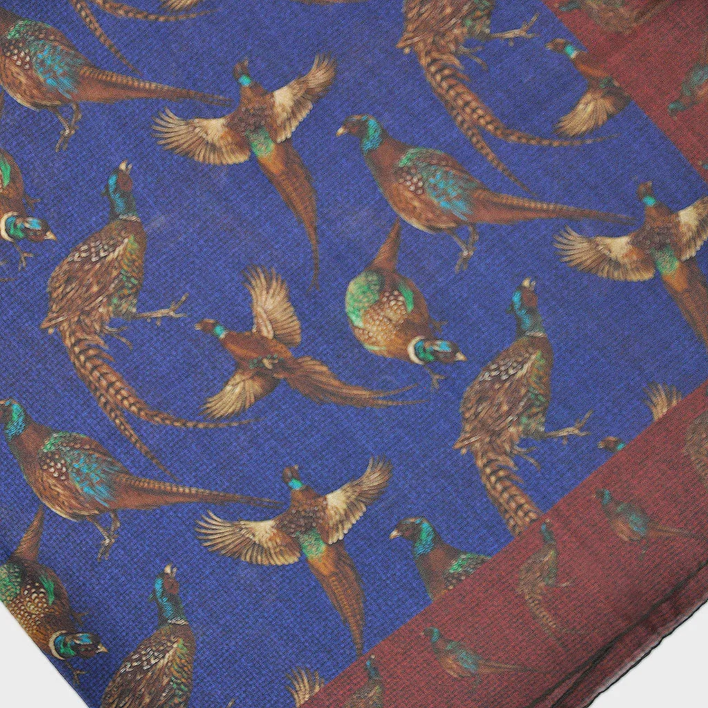 Wool Silk Pheasant Large Square in Royal Blue & Burnt Sienna