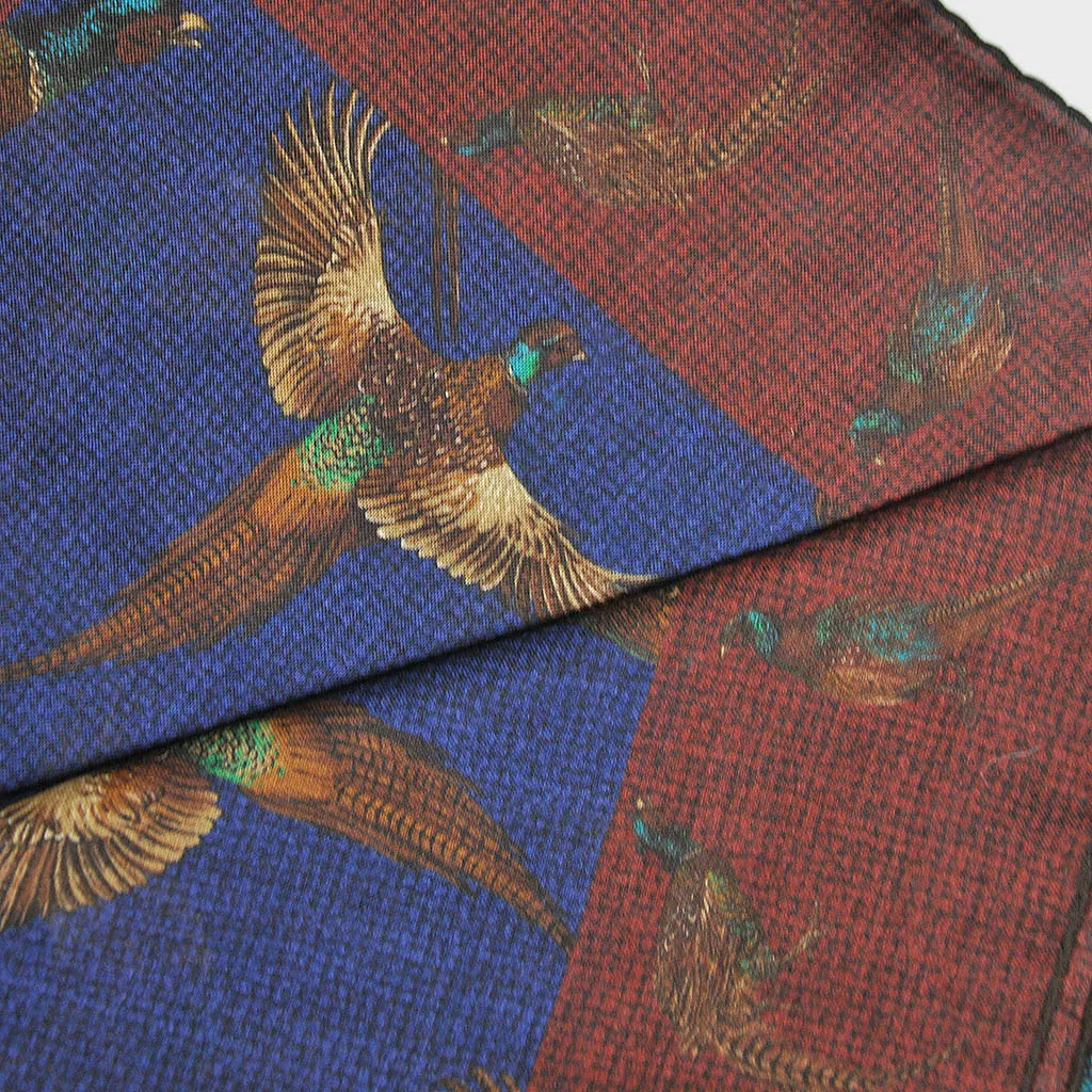 Wool Silk Pheasant Large Square in Royal Blue & Burnt Sienna